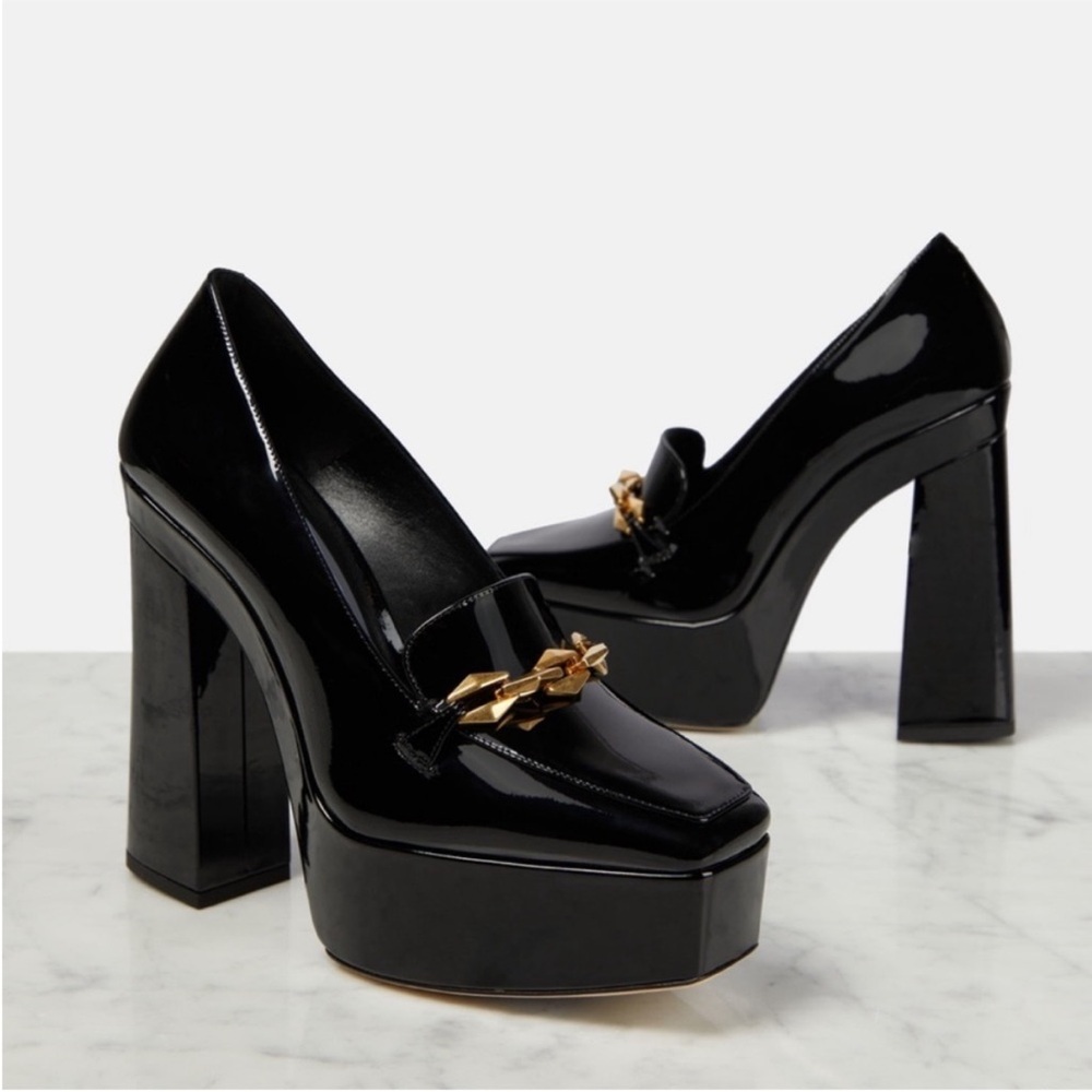 New JIMMY CHOO Diamond Tilda 140 Black Soft Patent Leather Loafers with Chain 38 - Picture 2 of 11